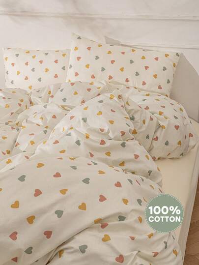 3 件套 100% 纯棉彩色心形图案床上用品套装，2 个枕套 + 1 个羽绒被套套装（不含床单和床芯）