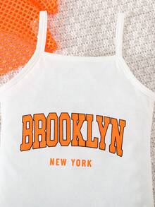 2pcs/Set Toddler Girls' Fashion Fishnet Cropped Hollow Top & Letter Print Snug Fit Slip Dress Set, Summer - Coral Orange - View 9