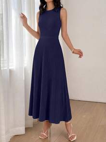 Women Summer Sleeveless Midi Dress Crewneck Ribbed Knit Pleated Swing A-Line Flowy Dress Solid Color Casual Spring Holiday Vacation Valentine Long Midi Dress Outfits - 藏蓝色 - 查看 5