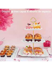 5 Piezas Soportes para Pastelitos,Torre para Cupcakes de 3 Niveles y Bandeja para Galletas,Juego de Decoración para Mesas de Postres para Bodas,Fiestas de Té,Cumpleaños y Baby Showers - Rosa - Ver 10