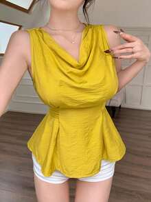 abyoxi 黄色性感垂褶领无袖荷叶边下摆系带露脐上衣，纹理面料，休闲时尚度假海滩风，春夏新款女装 - 黃色 - 查看 4