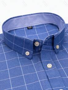 Audmroton Men's Plaid Striped Button Down Shirts Spring Fall Cotton Long Sleeve Oxford Dress Shirts With Pocket - Blue - View 2