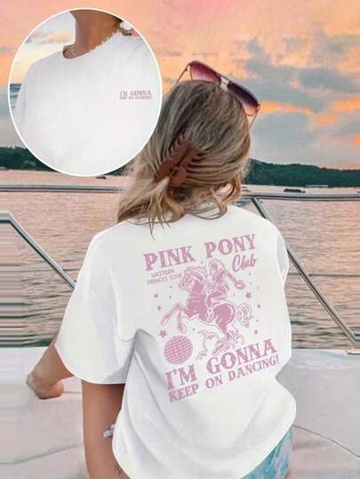 100% Pure Cotton Women's White Short-Sleeve T-Shirt, Printed With Bold Double-Sided Designs Of 'Retro Cowboy Boots And Disco Ball' And 'Pink Pony Club.' This Casual Crewneck Top Is Designed Specifically For Women, Perfect For Casual And Sporty Styles. It Is Machine Washable, Comfortable, Breathable, Suitable For Everyday Casual Wear And Vacation Occasions, And Ideal For Spring And Summer.