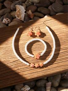 套装包含：1对耳环、1条手链、1条项链 - 海滩度假风3D海星和心形白色陶瓷首饰套装，夏季冲浪手链项链旅行纪念品 - 三件套 - 查看 18