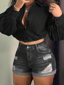 Women's Summer Mid Rise Ripped Denim Shorts Stretchy Butt Lifting Jean Shorts - Xám - Xem 1