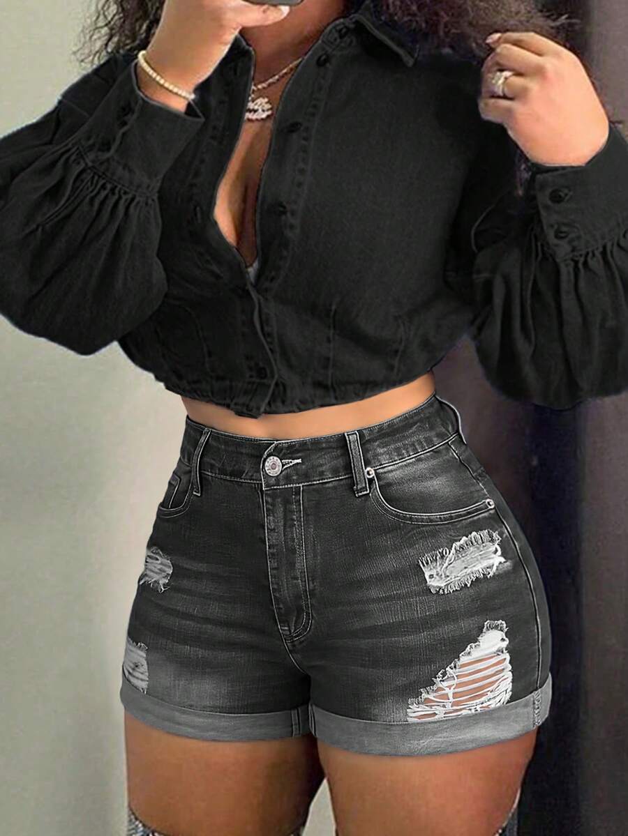 Women's Summer Mid Rise Ripped Denim Shorts Stretchy Butt Lifting Jean Shorts - Xám - Xem 1