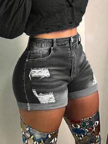 Women's Summer Mid Rise Ripped Denim Shorts Stretchy Butt Lifting Jean Shorts - Xám - Xem 5