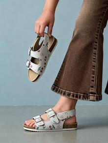 1 Pair Girls' Light Gray & White Cherry Blossom Shoes, Faux Suede Soft Cork Flat Sandals With Dual Metal Buckles + Ankle Strap, Non-Slip Soft Sole, Fresh & Sweet Style, Popular Summer Wear, Fashionable Design, Ideal Children's Sandals Gift - 灰色 - 查看 2