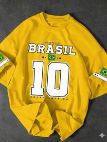 Men's Casual T-Shirt With "BRAZIL" Print And Number 10, Premium Cotton, World Cup Fan Edition, Brazilian Football Fashion - Màu vàng - Xem 2