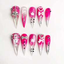 NailLuxe 10 PCS Handmade Dragon Press - On Nails | Pink Gothic Dragon Nails With Pink & Clear Bases, Gothic Stud & Cross Embellishments For Edgy Sweet Styles - 玫瑰紅 - 查看 2