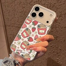 いちごジャムとデイジー柄のスマホケース、インスタグラム風キュートで気をつけてまぐれなレトロスタイル、 17 16 15 14 PLUS 13 12 11 PRO MAXに適したギフト - 透明な黒 - チェックする 5