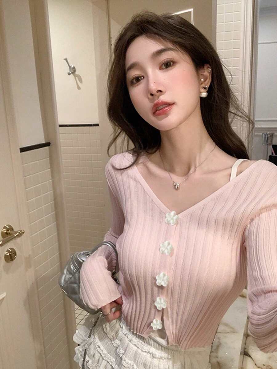 Women's Fashionable Casual V-Neck 3D Floral Colorblock Knit Sweater, Sweet & Gentle Pink, Cropped Long Sleeve, Spring/Summer - Baby Pink - View 1