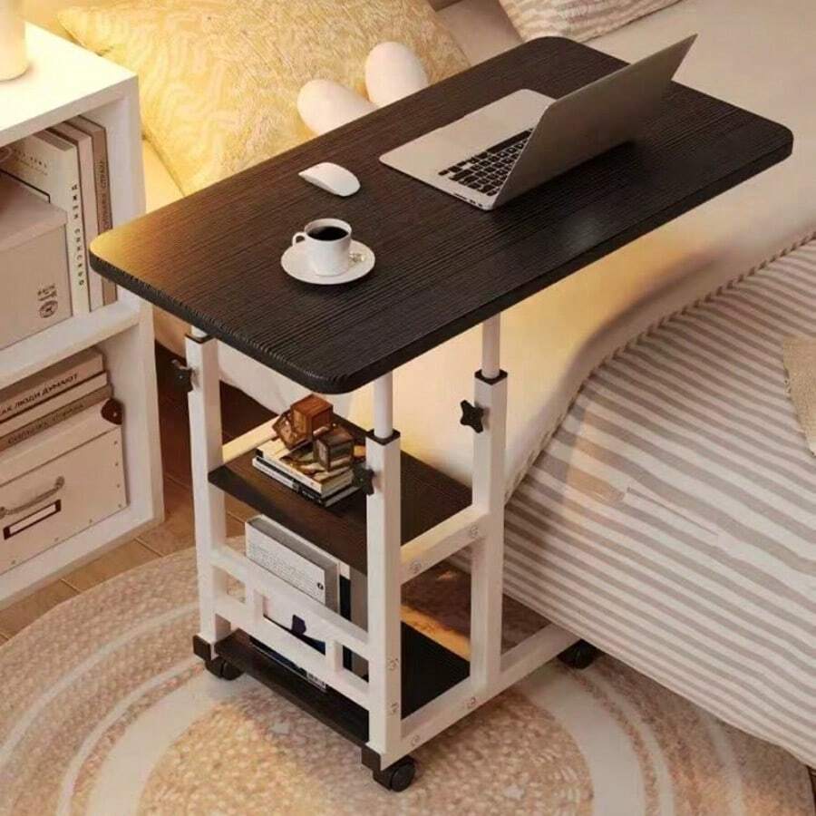 Doublelayer Metal Foldable Desk With Wheels Storage Rack Adjustable Height And Spacious Tabletop Versatile For Studying Working And Relaxing Perfect For Bedrooms Living Rooms & Offices, Bedside Table. - 4 Black Wheels - View 1