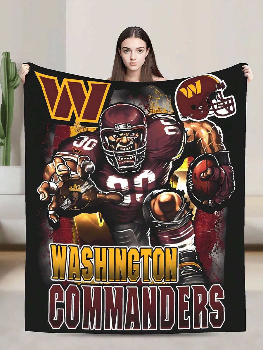 Washington Commanders Soft Lightweight Black-Themed Plush Flannel Blanket (With Cartoon Player & Team Elements) | Game Day Throw | Official Team Merchandise | Gift For Football Fans | Machine Washable Home Decor - Nhiều màu - Xem 1