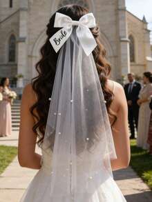 1pc Elegant Romantic Bridal Veil Bow Hair Clip, Wedding Hair Accessory Valentine's Day Accessories - Multicolor - View 8