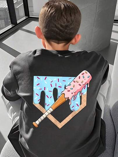 Tween Boy Casual Cartoon Print Short Sleeve T-Shirt, Summer