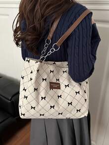 Bolso de hombro de gran capacidad de unicolor y peluche, adecuado para la escuela, viajes, compras y citas - Blanco - Ver 5
