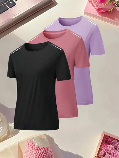 女士夏季速干运动T恤，肩部独特印花，适合跑步、球类运动、健身及其他活动，黑色