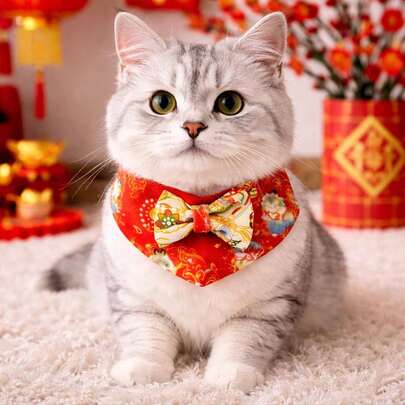 宠物新年围巾，经典红色花卉图案，时尚舒适，适合小型猫狗的可爱围巾，宠物口水巾，宠物装饰，小猫围巾服装，新年装扮装饰，猫咪服装