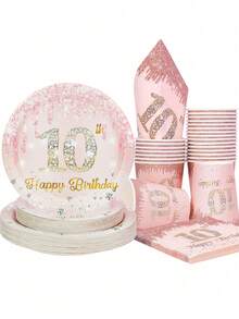 10pcs/20pcs/50pcs/80pcs Rose Gold 10th Birthday Party Paper Plates Cups And Napkins Tableware Girls 7 Inch Rose Golden Cake Plates 9 Inch Dinner Plates 10 Years Old Table Decorations Happy Ten Years Old Tableware Set Pink 10th Birthday Party Supplies - Multicolor - View 3