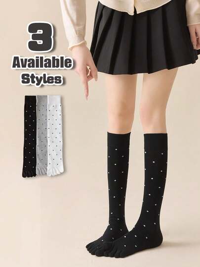 1/3 双装 女士复古波点针织五指袜，中筒休闲弹力显瘦五指袜，日系黑白灰可爱过膝袜