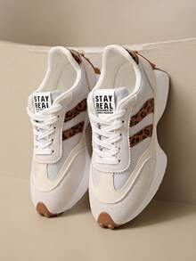 女士轻便跑步鞋 - 系带设计，多功能平底，透气面料和人造革材质 - 豹紋灰 - 查看 5