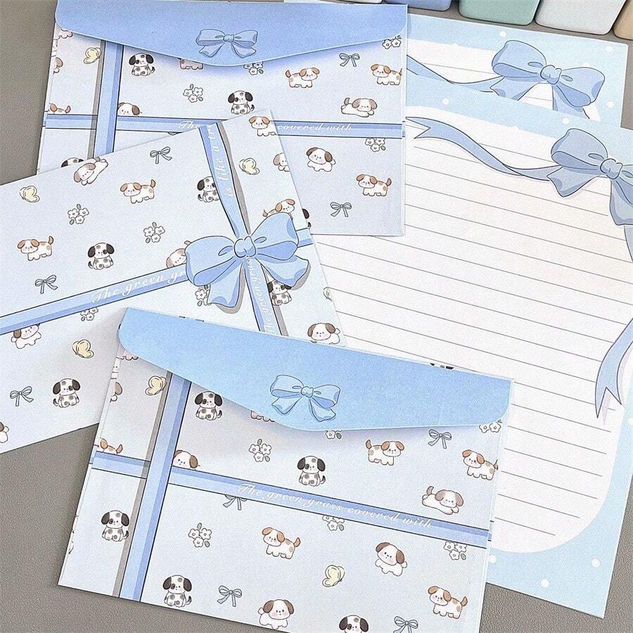 4个信封+4个硬纸板，原创可爱小狗创意信封和信纸，手写邮件，卡通风格手写信，简约优雅的生日/毕业祝福，卡通文具礼盒套装，ins风，仪式感，创意节日祝福，告白礼物，浪漫手写信 - 彩色 - 查看 1
