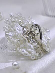 1个手工多层仿珍珠发夹，适合新娘、婚礼、派对、节日、休闲、通勤、情人节礼物等场合，时尚发饰，优雅发爪，女士发夹，休闲发卡 - 白色 - 查看 4