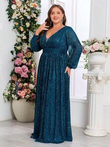 Vestido formal de manga larga con cuello en V elegante talla grande, adecuado para bailes, galas, invitados de boda, ceremonias de graduación, cenas y otras ocasiones - Agua verde azul - Ver 4