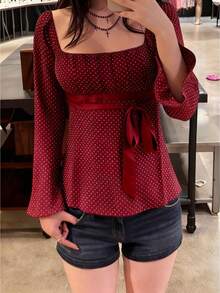 Women Fairy Grunge Y2k Babydoll Shirt Long Flare Sleeve Polka Dot Tie Back Flowy Preppy Tees Top Backless Square Neck Vintage Aesthetic Blouse - 酒紅色 - 查看 1