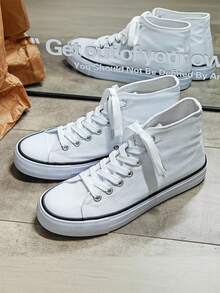Tenis hombre mujer unisex lona basico para outfit sencillo combinable moda urbana ideal para gym choclo plataforma lisa colores basicos raya completa - Blanco - Ver 5