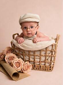 Set de fotografía vintage para recién nacidos - Sombrero + Gafas + Pajarita + Marco, adecuado para fotos de bebé niño/niña de 100 días, estilo Ins, sombrero y pajarita de caballero para bebé, celebración de 100 días/luna llena, mismo estilo que el bloguero - Multicolor - Ver 9