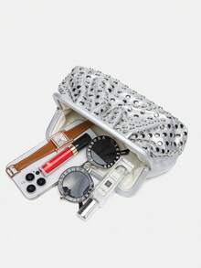 1 件装，银色，时尚百搭的简约铆钉宴会包，小巧设计，高端金属赛博朋克风格，流行款式，万圣节钱包，适合各种派对和万圣节，小巧尺寸 - 銀色 - 查看 6