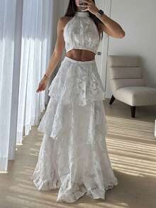 Elegant Romantic Multilayer Cake Skirt Two Pieces Vacation Outfits For Women, Women's Summer Set, Beach Set White - White - View 5