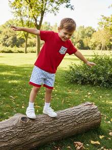 Toddler Baby Boys Baseball Outfits Embroidery Short Sleeve T Shirts And Plaid Shorts Set 2pcs Summer Clothes Sets, Toddler Boy Baseball Short Clothes Sets, Toddler Baby Boy Summer Clothes - 紅色 - 查看 5