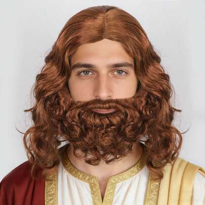 Elderly Synthetic Short Curly Hair With Beard Costume Set For Men Christmas Party Cospaly Professional Bible Jesus Santa Claus Old Man Wig, Brown White Blond Gray Available, Celebrity Film Character Mustache Wig, Funny Father Time Caveman Rocker Wizard Wig For Holiday Birthday Concerts Exhibition Nightclub Decor