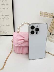 1pc Girls' Solid Color Bow PU Magnetic Closure Fashion Pearl Handbag Shoulder Bag, Suitable For Daily Use All Seasons - A - View 5