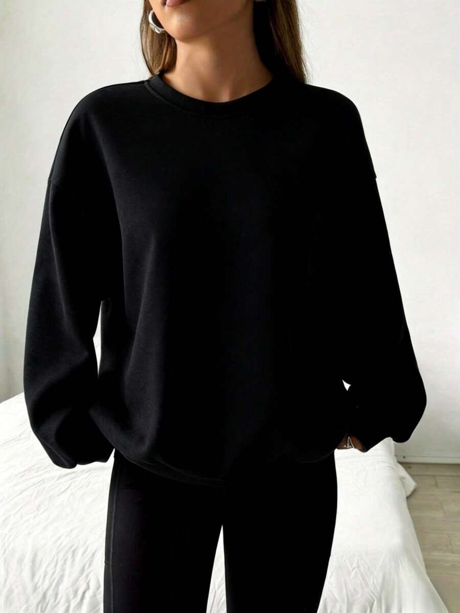 Women's Simple Everyday Round Neck Long Sleeve Sweatshirt, Long Sleeve Top - Autumn & Winter Couple Style, Unisex Comfortable Long-Sleeve Sweatshirt - màu đen - Xem 1