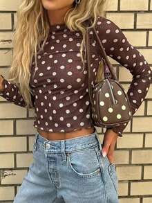 新款半透明时尚优雅波点针织毛衣上衣，适合上学、日常、约会、街头、机场、音乐节等各种场合，四季皆宜，休闲度假春季必备。 - 咖啡棕 - 查看 3