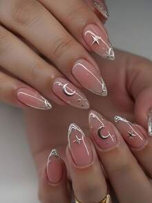 24片手工长杏仁形3D凝胶美甲贴纸，打造银色、月亮和星星图案美甲，银色法式美甲贴片，杏仁形，完美适配亚克力假指甲套装，包含：1瓶果冻胶和1把指甲锉。银色法式杏仁形美甲贴片让您的指尖闪耀动人，非常适合派对、舞蹈和日常使用。美甲用品 - 銀色 - 查看 8