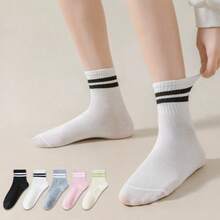 5 Pairs Solid Color, Striped, Bow Pattern Fashion Personalized Women's Socks, Soft Comfortable Casual Ankle Socks Suitable For Daily Use - Multicolor Bow - View 2