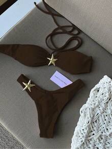 Women's Casual Khaki Halter Gold Star Decor Split Bikini Set, Summer Holiday