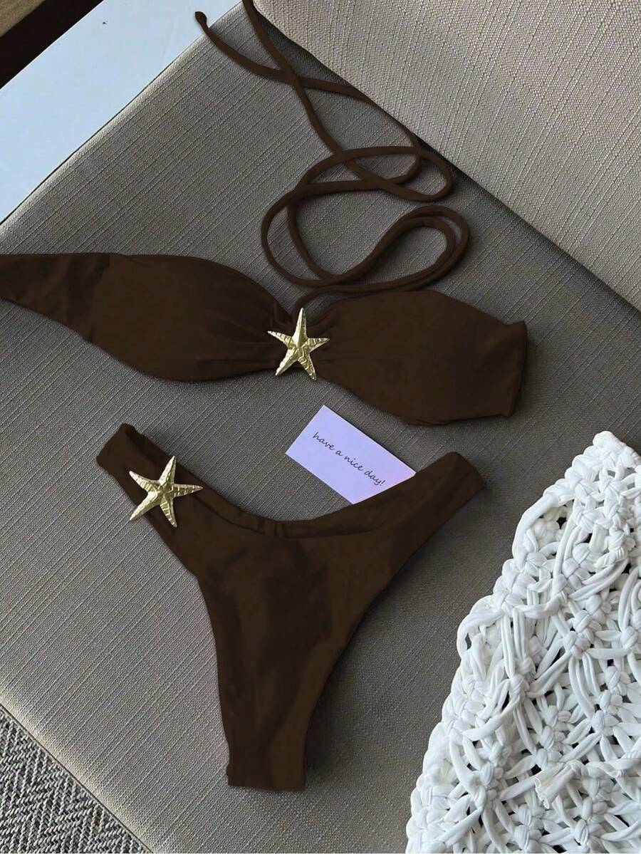 Women's Casual Khaki Halter Gold Star Decor Split Bikini Set, Summer Holiday