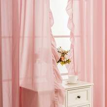 1pc French Luxury Ruffle Edge Voile Curtain, Elegant Solid Color French Style Curtain With Ruffle Edge, Suitable For Bay Window, Living Room, Bedroom, Office, Kitchen, Study, Home Decor - Pink - View 5