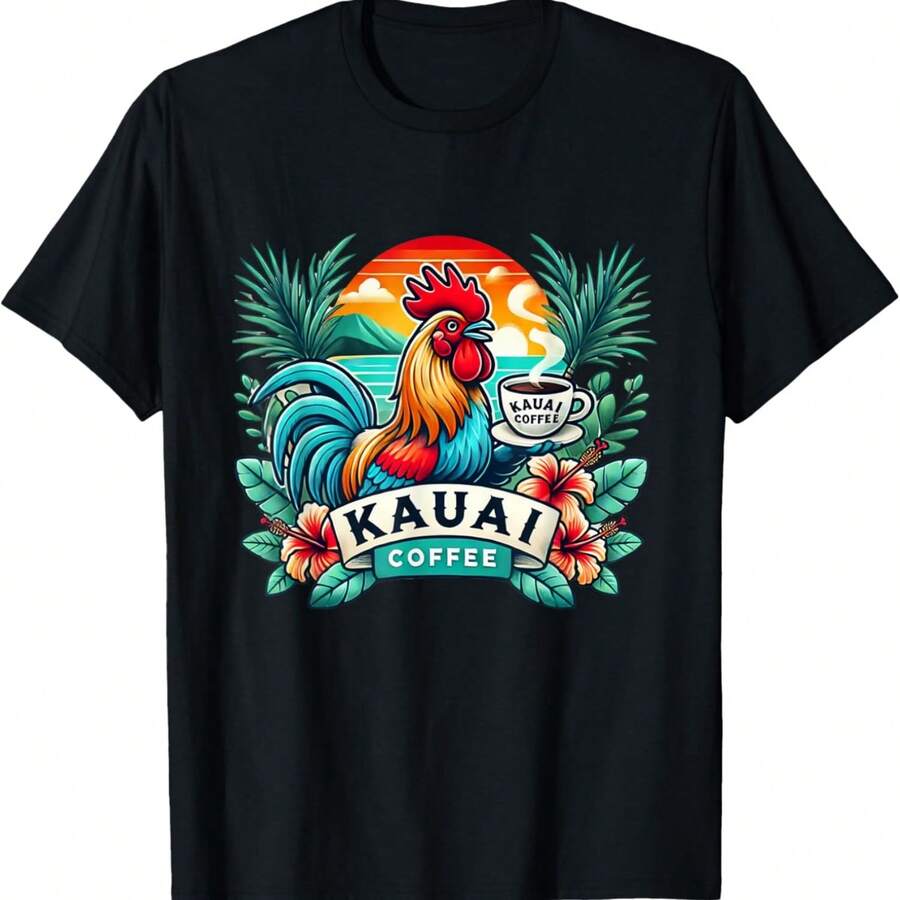 Kauai Coffee Rooster Tropical Design T-Shirt - 黑色 - 查看 1