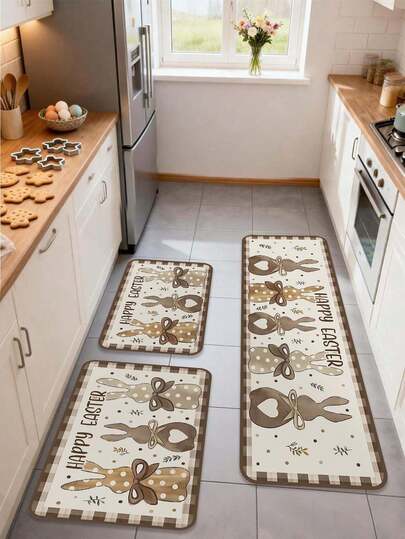 40*60cm/50*80cm/40*120cm Easter Bunny Kitchen Mat, Easter Doorway Home Rug, Cute Beige Plaid Rabbit, Happy Easter Holiday Decor Carpet