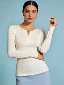 1 Peça Suéter de Tricô de Manga Longa com Botões em Cor Sólida para Mulheres, Adequado para Feriados, Férias, Uso Diário, Encontros, Viagens, Inverno/Primavera - Branco - Visão 1