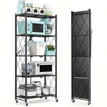 KNERS 3/4/5-Tier Unassembled Metal Storage Rack With Wheels - Foldable & Portable Multi-Tier Shelves, Classic Design For Home, Office, Garage Organization - Space-Saving Versatile Storage Solution, Storage Shelves, Utility Racks - Multicolor - View 12
