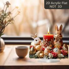 2D 波西米亚风亚克力复活节蜡烛装饰，饰有兔子和春季花卉图案 - 柔和色彩（粉色、金色、白色、红色、绿色） - 家居桌面中心装饰、复活节餐桌装饰、春季餐桌布置 - 无需电池/易于清洁