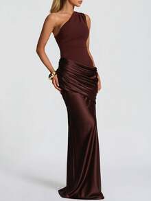 Sadona Women's Sexy One-Shoulder Bodycon Dress, Summer Draped Long Dress, Brown, Elegant For Birthday Party, Cocktail Gown - Brown - View 4